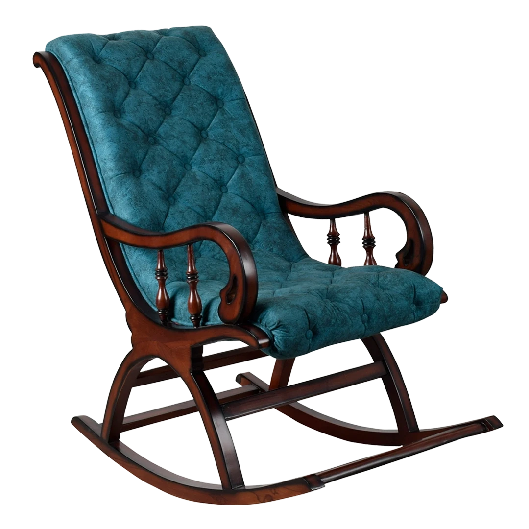 Touffy Fabric Upholstered Teak Wood Rocking Chair in Brown Turquoise color 45° side view
