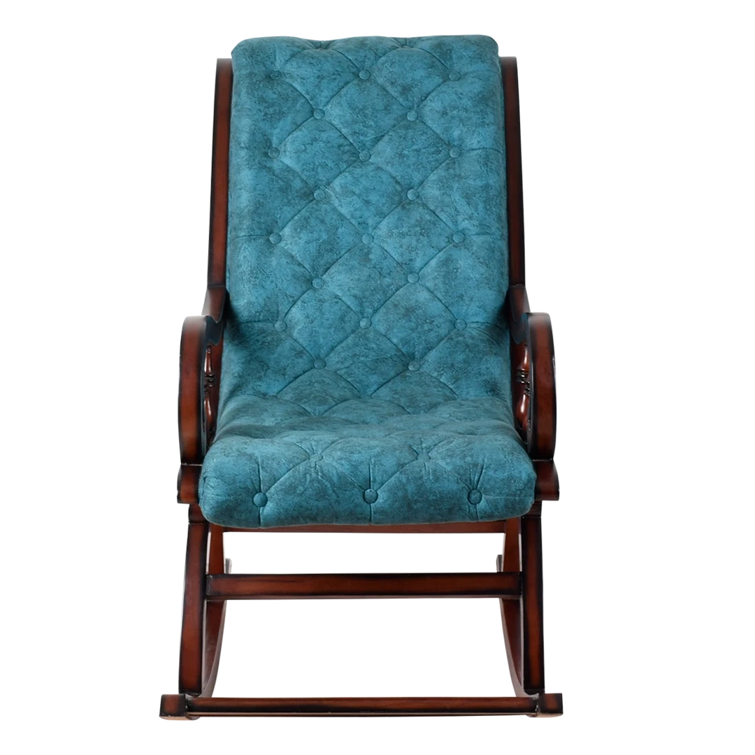 Touffy Fabric Upholstered Teak Wood Rocking Chair in Brown Turquoise color front view