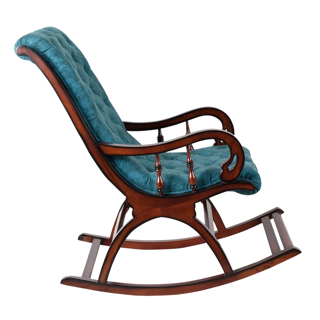 Touffy Fabric Upholstered Teak Wood Rocking Chair in Brown Turquoise color side view