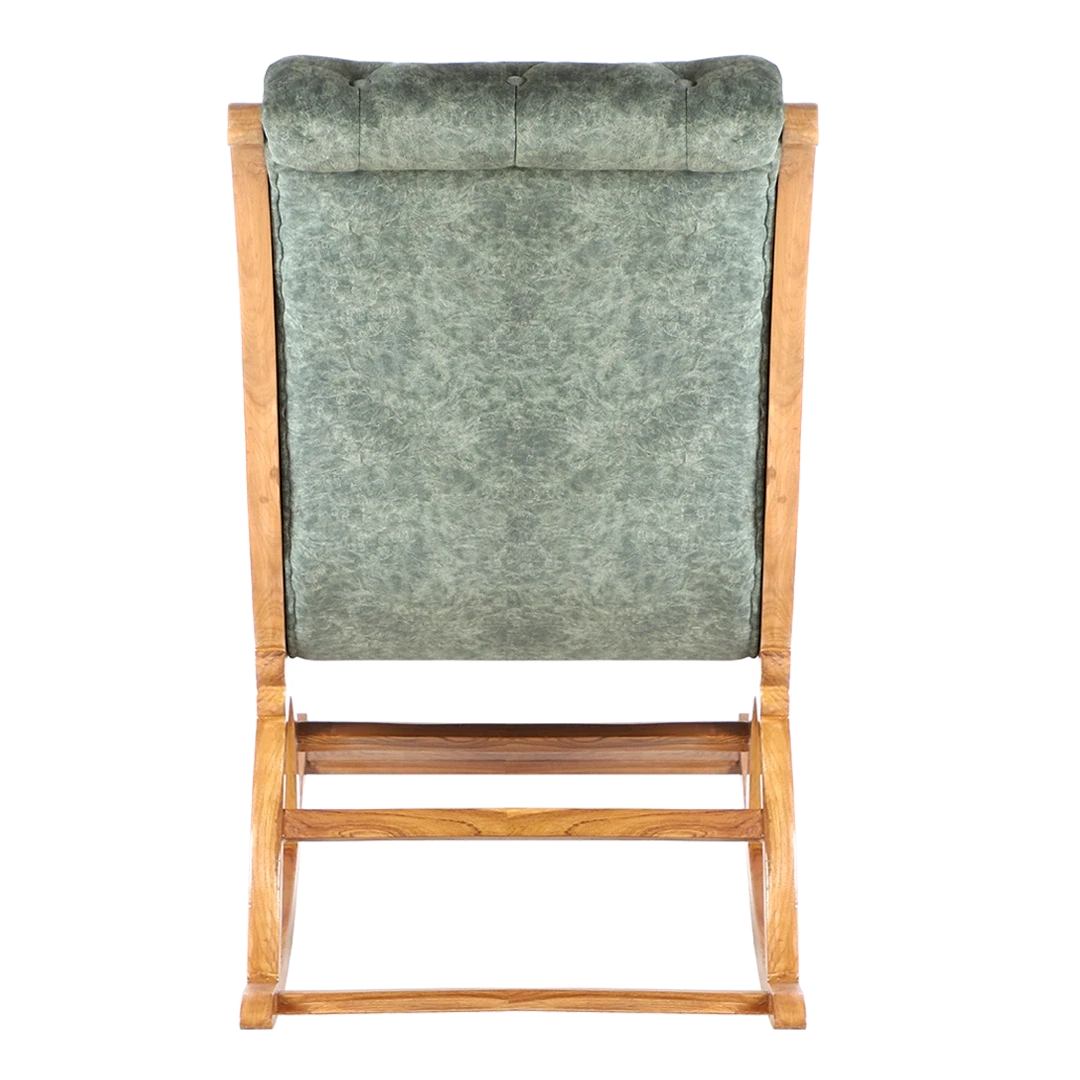 Touffy Fabric Upholstered Teak Wood Rocking Chair in Teak Green color back view