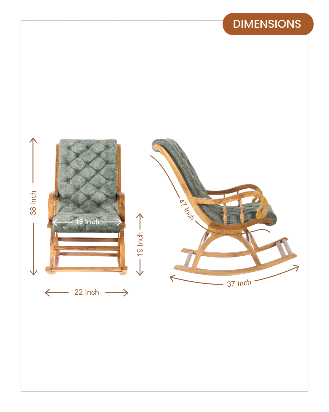 Touffy Fabric Upholstered Teak Woo Rocking Chair Teak Green dimensions