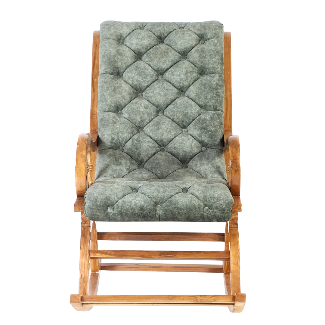 Touffy Fabric Upholstered Teak Wood Rocking Chair in Teak Green color front view