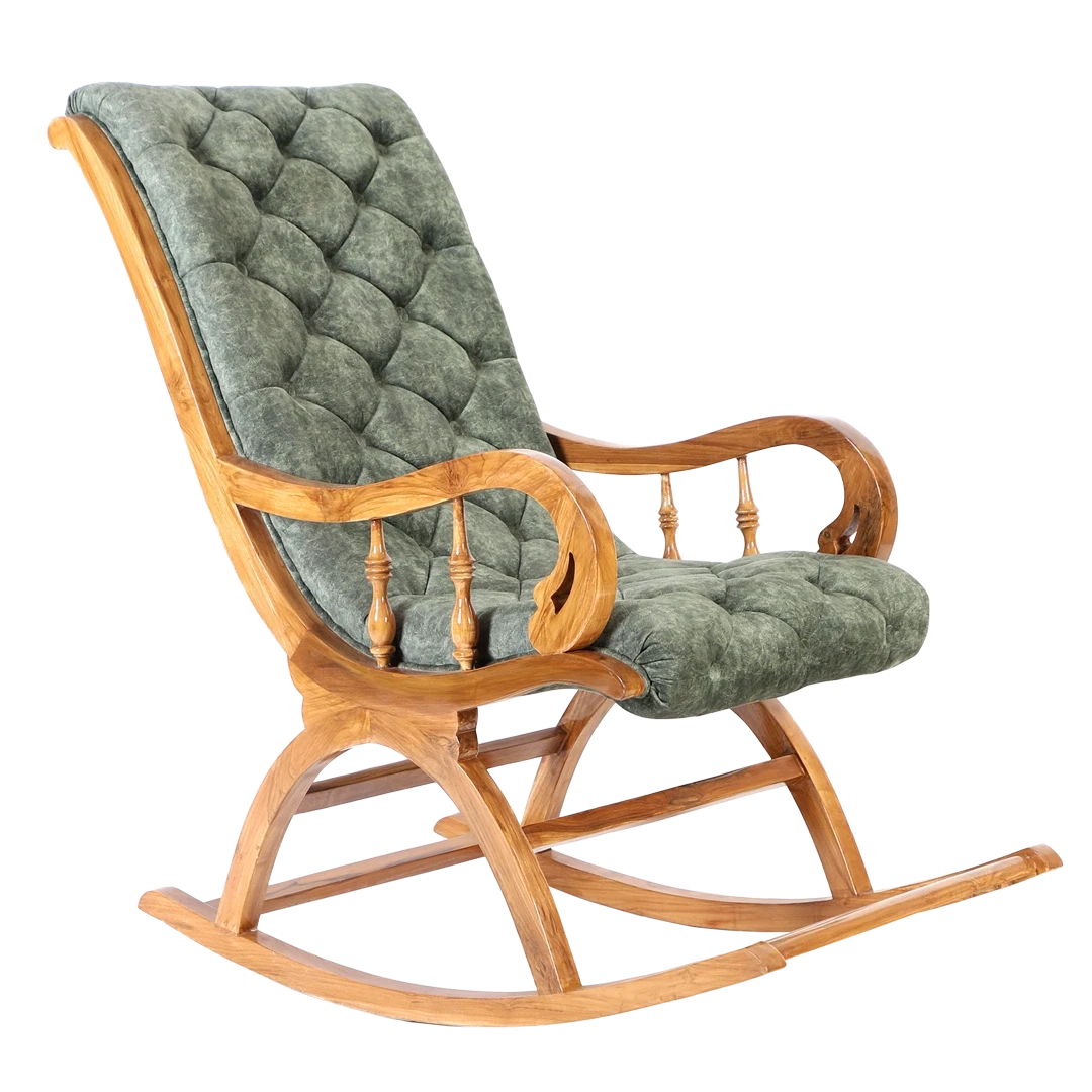 Touffy Fabric Upholstered Teak Wood Rocking Chair in Teak Green color 45° side view