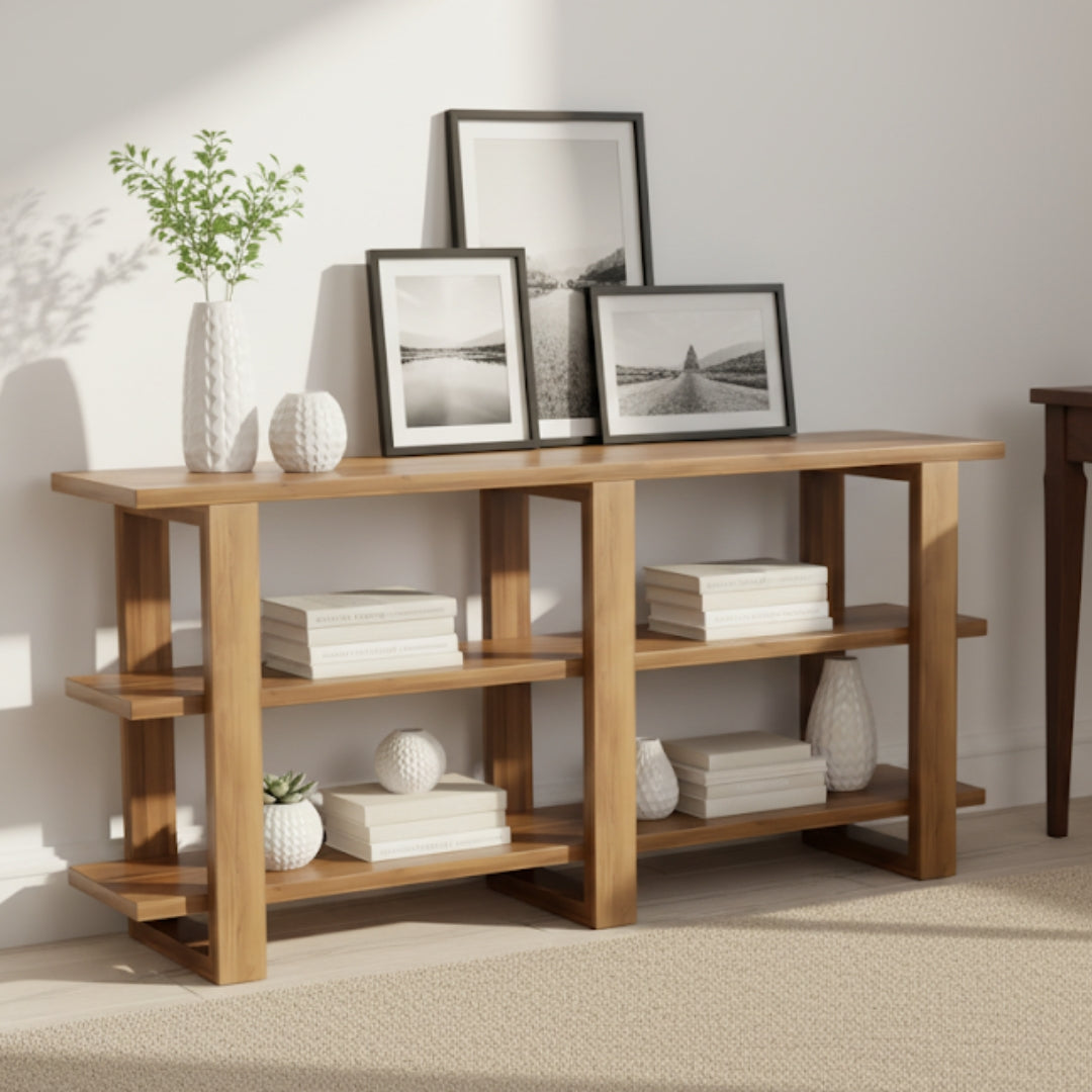 Trestle Teak Wood Book Shelf (Teak) lifestyle view