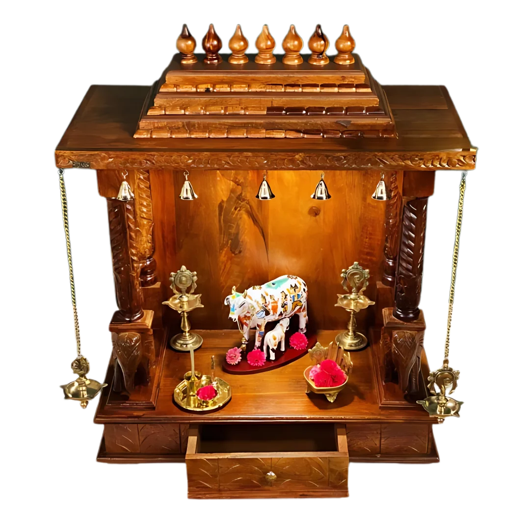 Vanshika Teak Wood Mandir (Teak) open drawer view