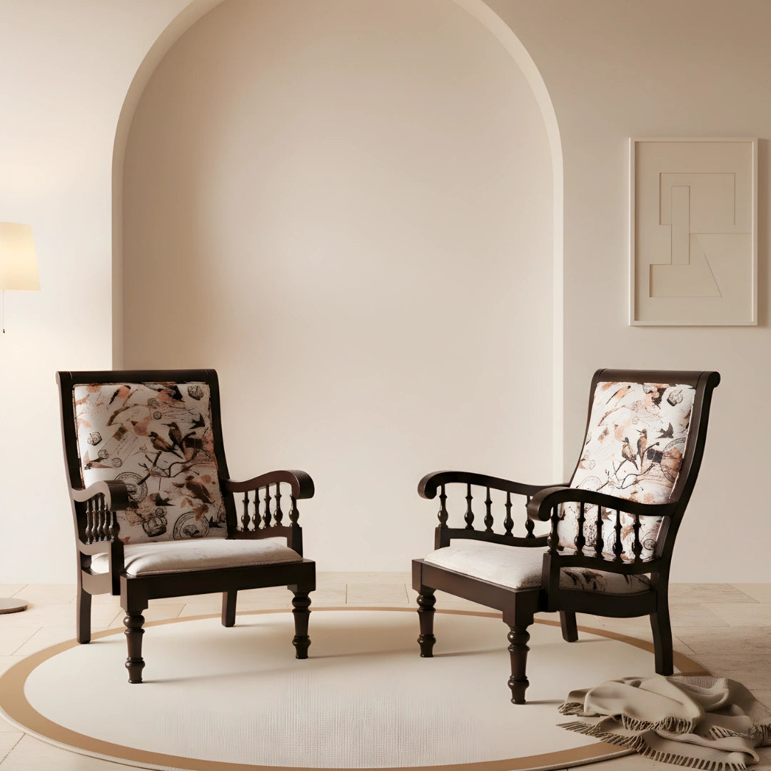 Vasper Teak Wood Fabric Upholstered Arm Chairs (Brown) lifestyle image