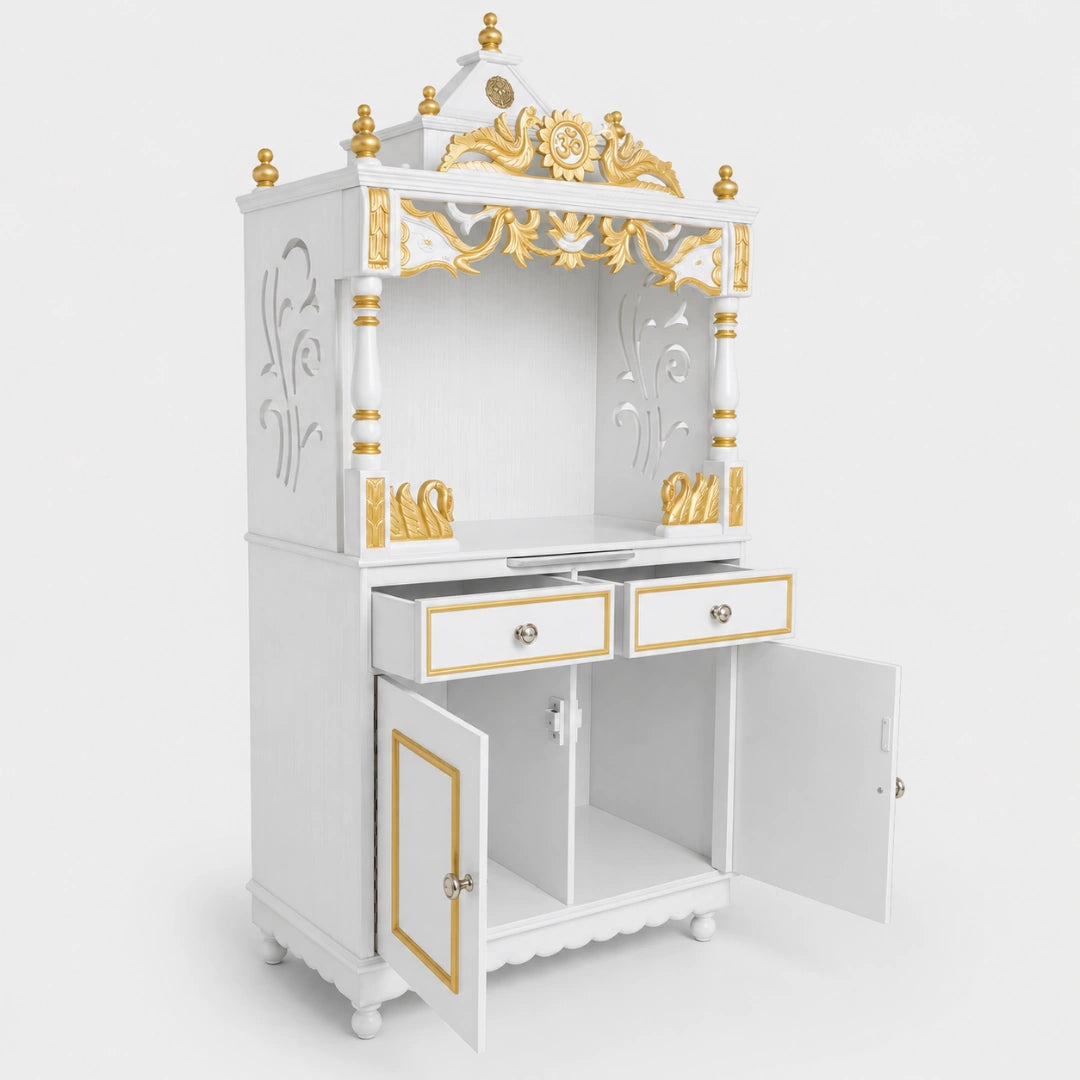 Vedashraya Floor Rested Pooja Mandap without Door (White Gold) Side View Open Drawers
