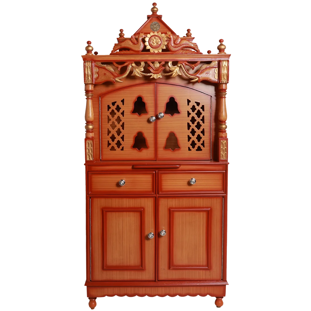 Vedashraya Floor Rested Pooja Mandir with Door Front View(Teak Gold)