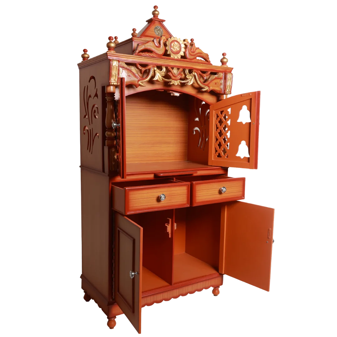 Vedashraya Floor Rested Pooja Mandir with Door Side Angle Open(Teak Gold)
