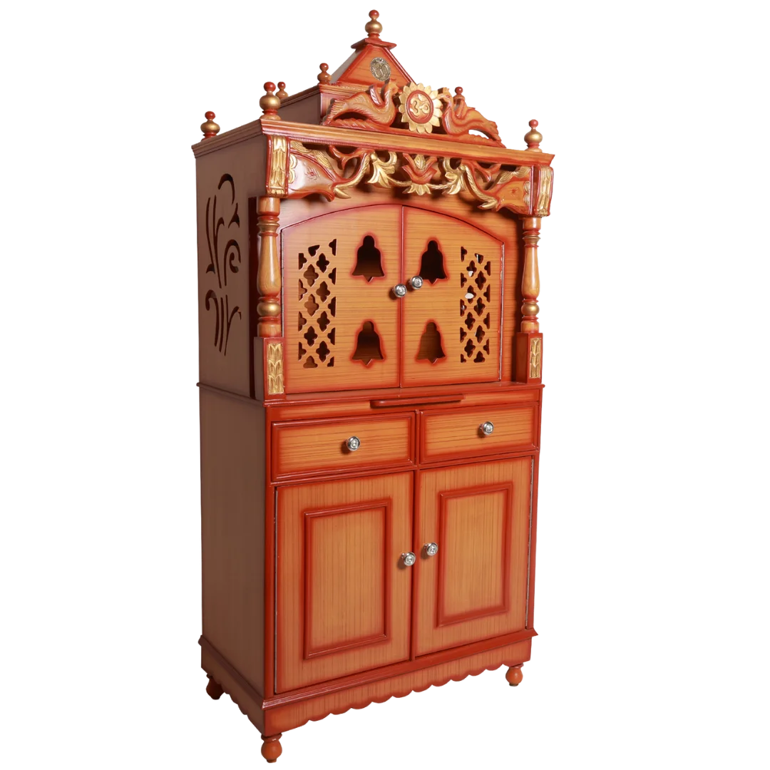 Vedashraya Floor Rested Pooja Mandir with Door Side Angle(Teak Gold)
