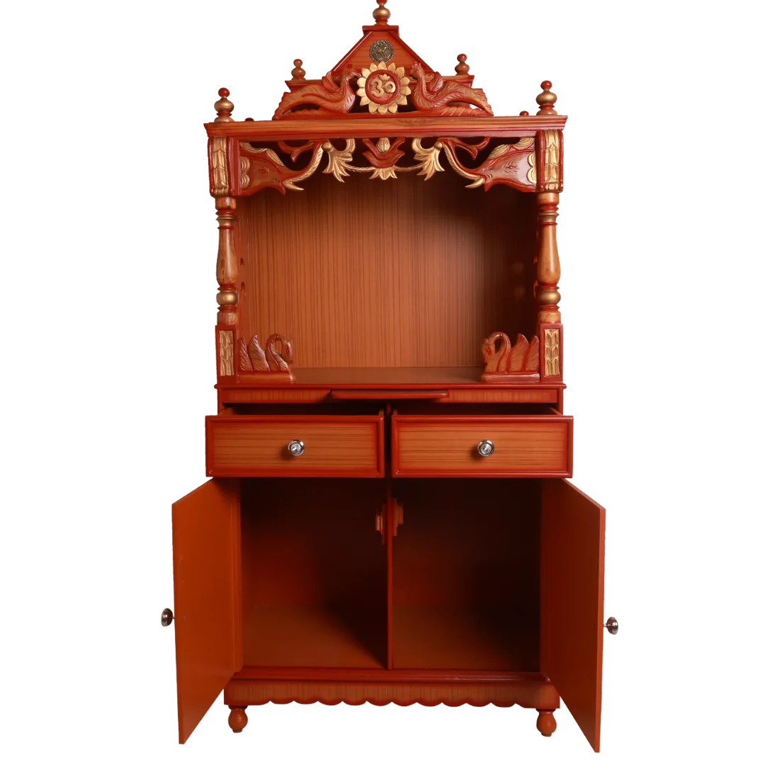 Vedashraya Floor Rested Pooja Mandir without Door Teak Gold front view with open drawers