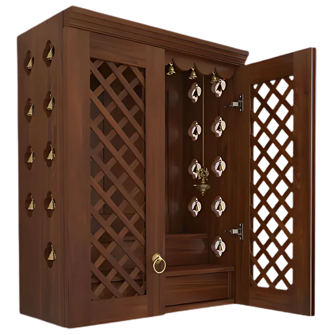 Vedic Sthana Pooja Mandir with Door (Teak) open door side angle