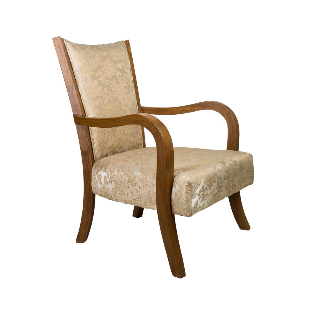 Side Angle of Velencia Teak Wood Fabric Upholstered Arm Chairs (Teak Gold)