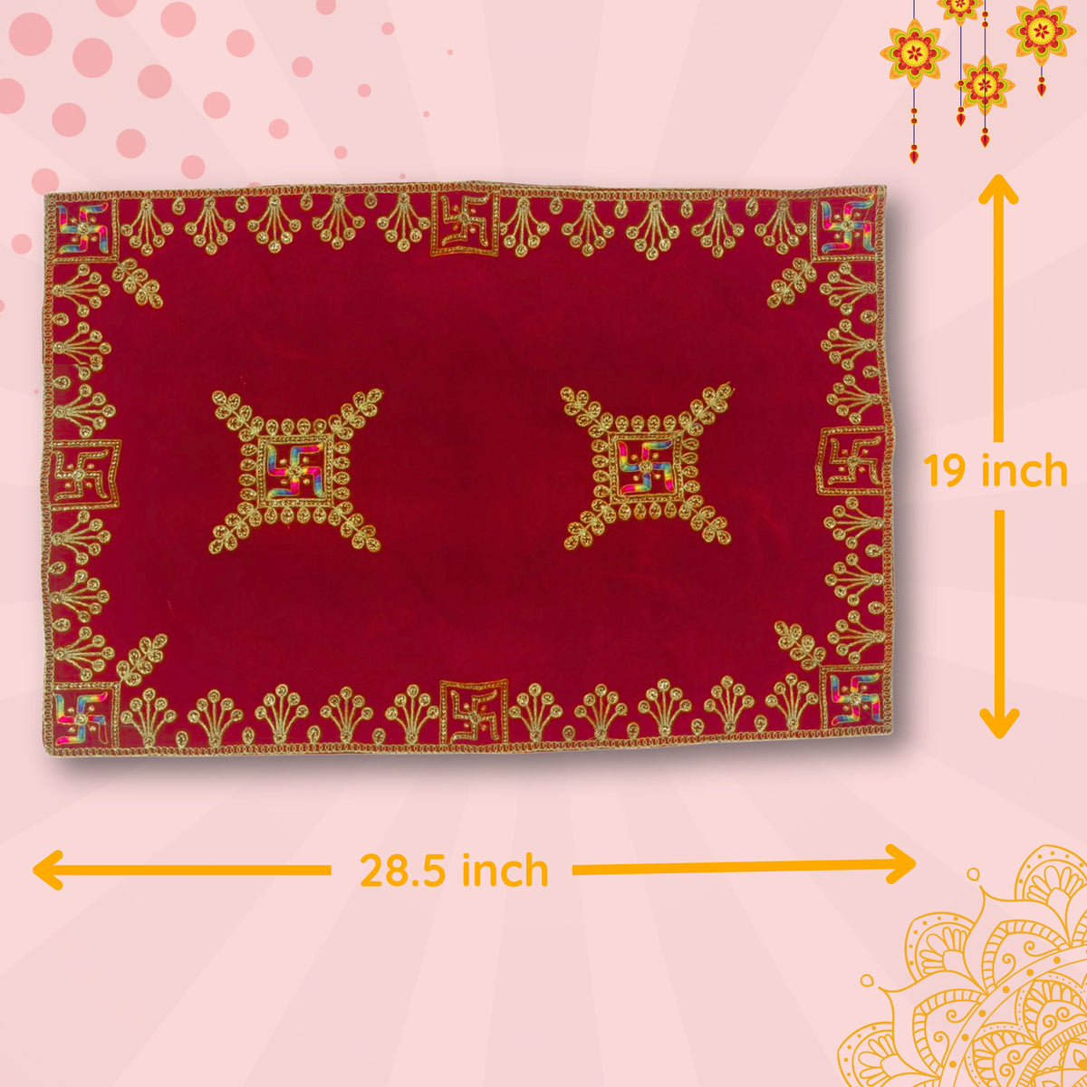 Velvet Red Swastik Embroidered Pooja Aasan with Golden Mirror Work dimensions