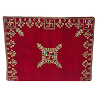 Velvet Red Swastik Embroidered Pooja Aasan with Golden Mirror Work fold view