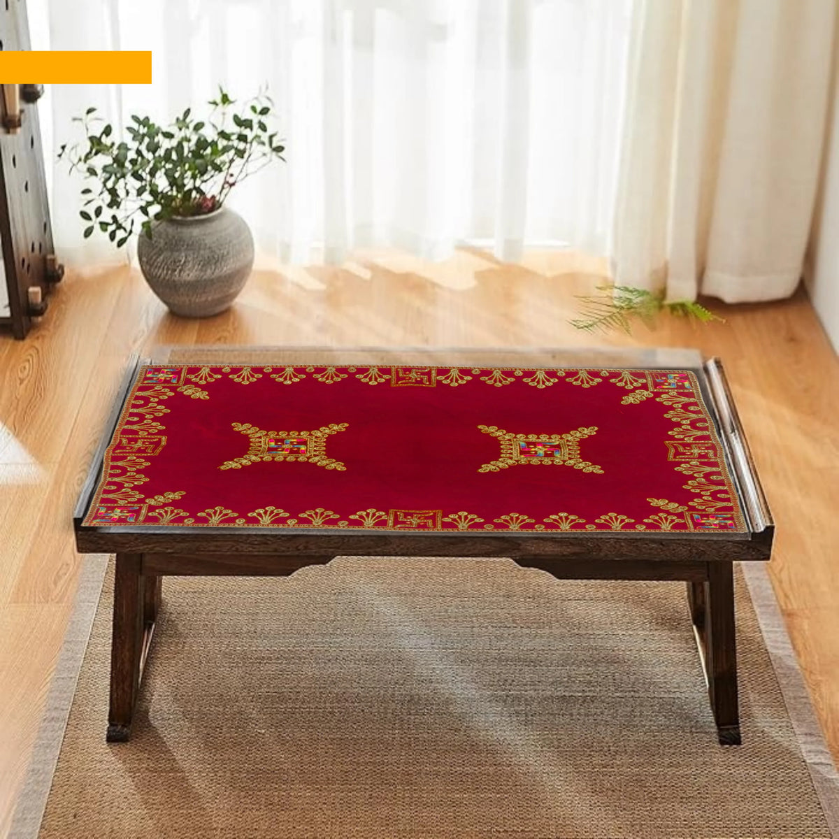 Velvet Red Swastik Embroidered Pooja Aasan with Golden Mirror Work lifestyle view
