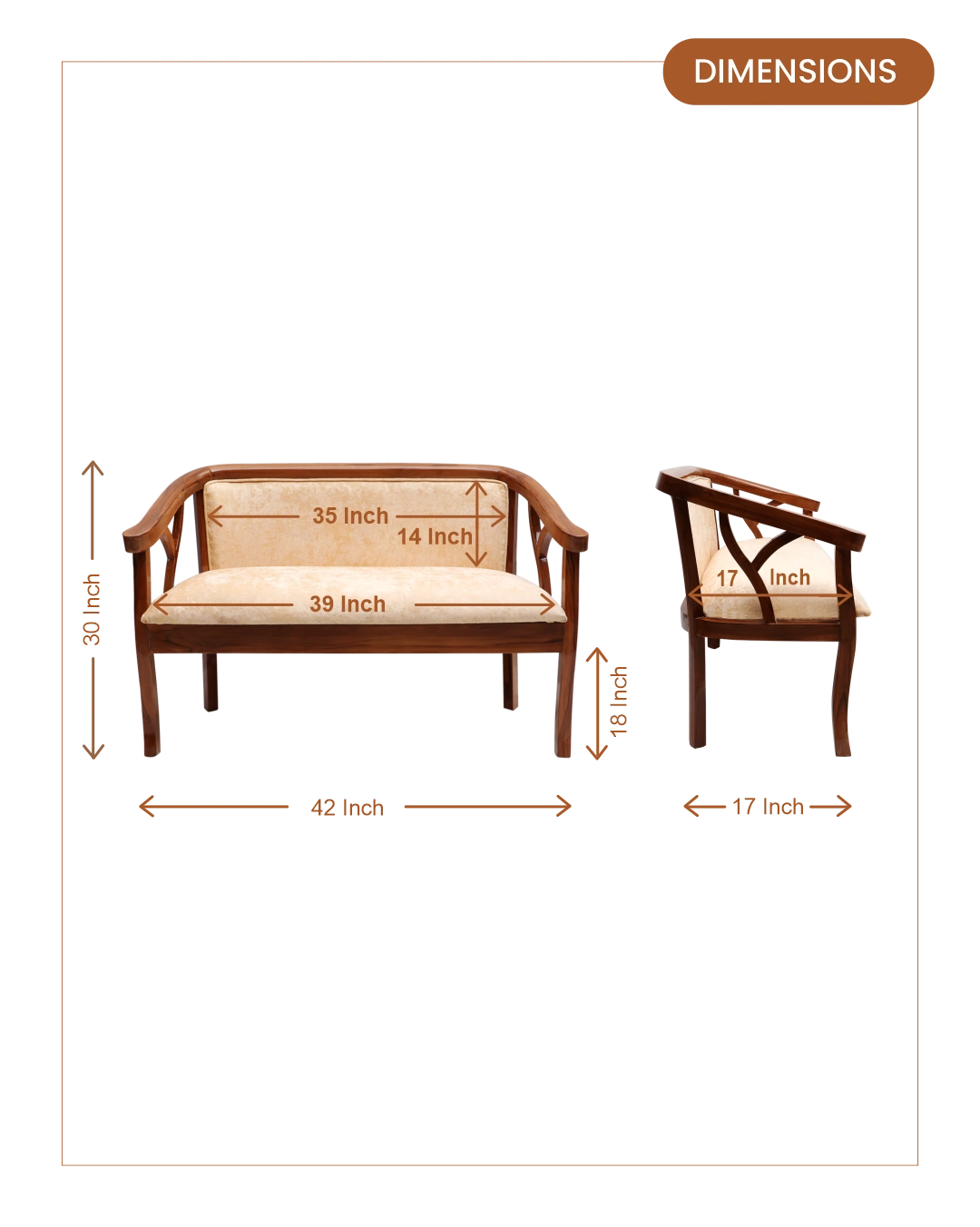Verior Solid Wood Love Sofa (Teak Beige) dimensions