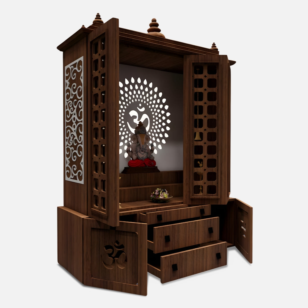 Vishesh Teak Wood Mandir (Brown) open drawer side view