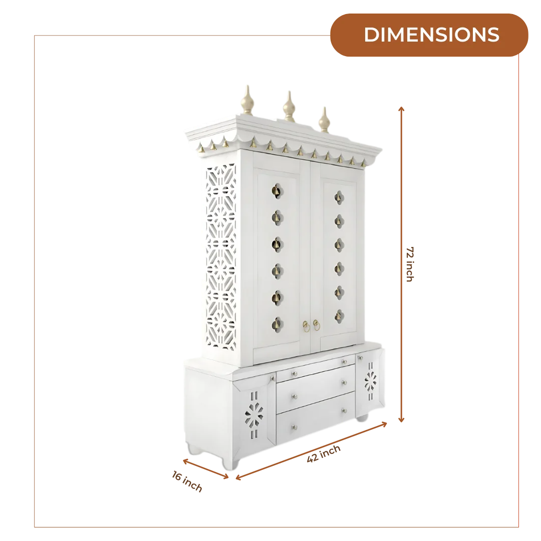 Vrittika Teak Wood Pooja Mandap with Door (White) Dimensions