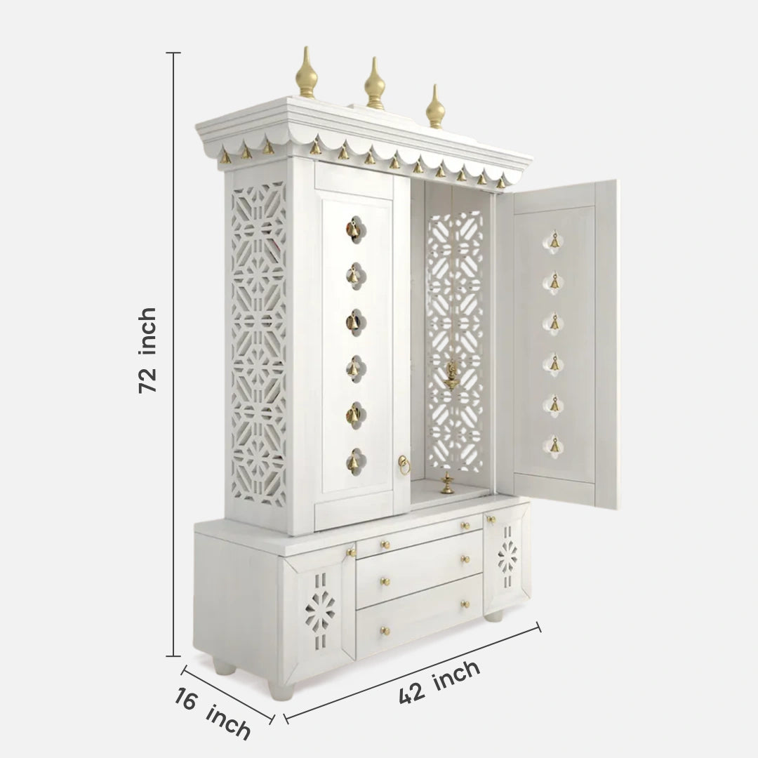 Vrittika Teak Wood Pooja Mandap with Door (White) dimensions image