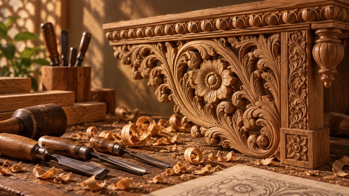 Hand carved teak panel with chisels on a workbench