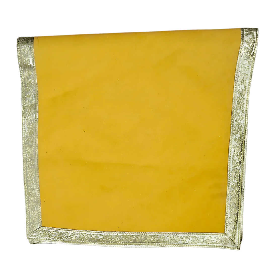 Yellow Floral Pooja Aasan with Red Swastik Border – 15x15 inch fold view