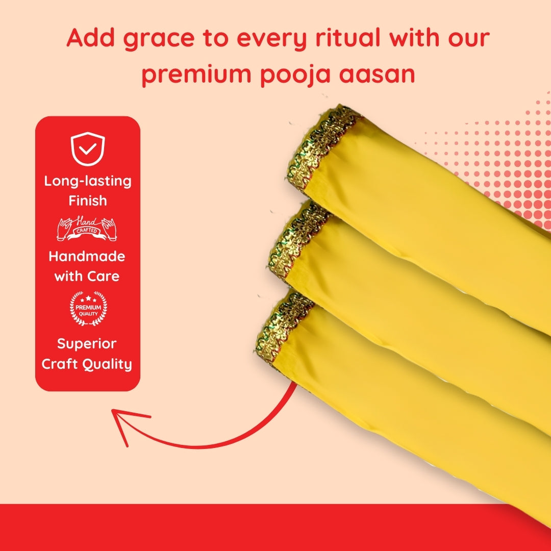 Yellow Satin Pooja Aasan with Golden Lace Border – 18x40 Inch fold view