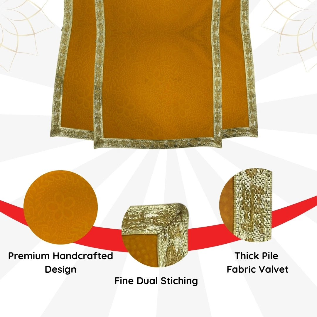 Yellow Velvet Pooja Aasan with Floral Design and Golden Border – 12.5x22 Inch Zoom   view