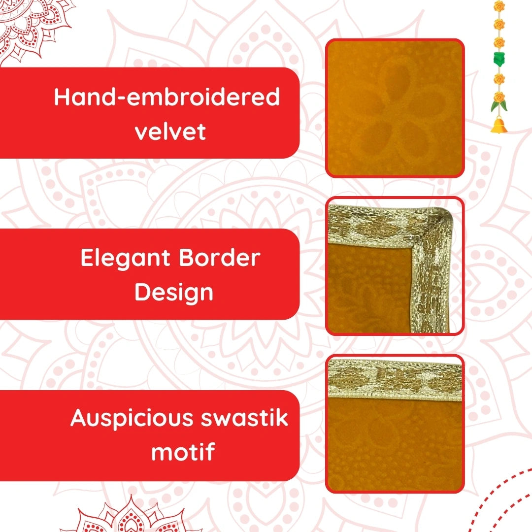 Yellow Velvet Pooja Aasan with Floral Design and Golden Border – 12.5x22 Inch specilation view