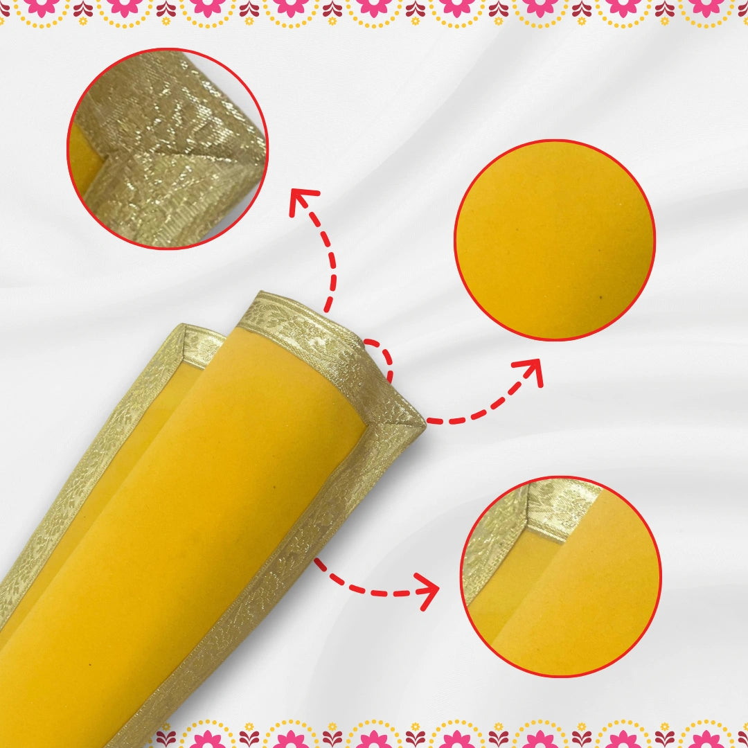 Yellow Velvet Pooja Aasan with Silver Floral Border – 14x28 Inch fold view