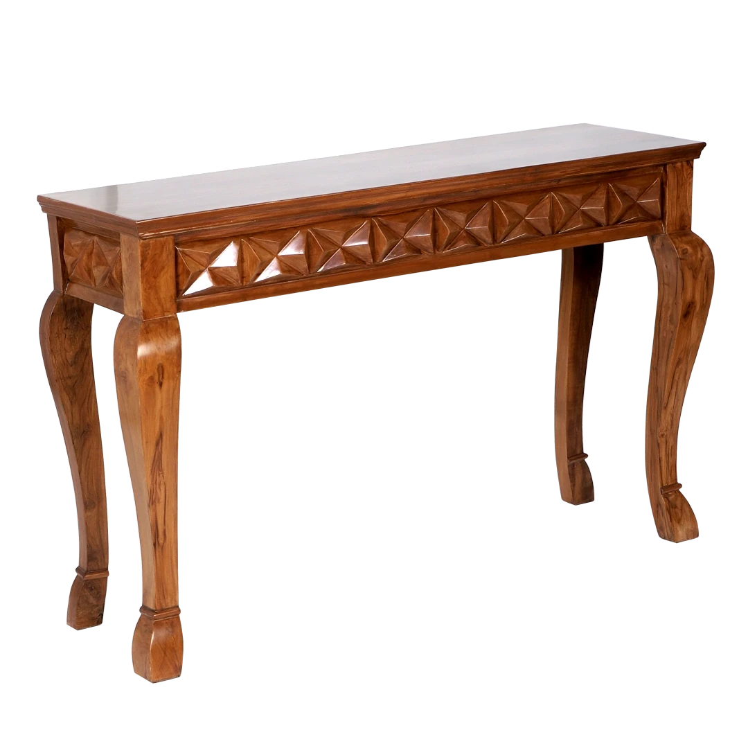 Ziri Solid Wood Console Table in Teak color 45° side view