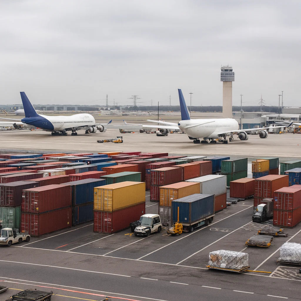 Air cargo containers at an airport logistics hub