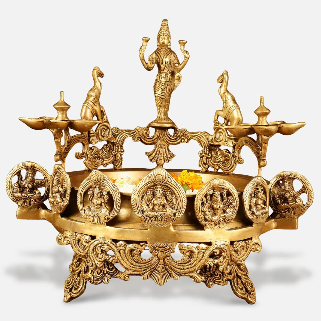 Brass Oil Lamp with Lord Vishnu and Elephant Brass Idol