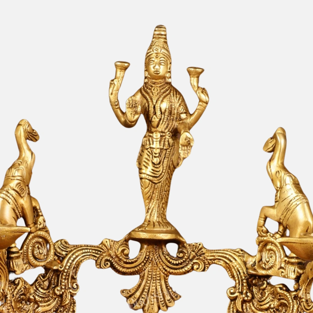 Brass Oil Lamp with Lord Vishnu and Elephant Brass Idol