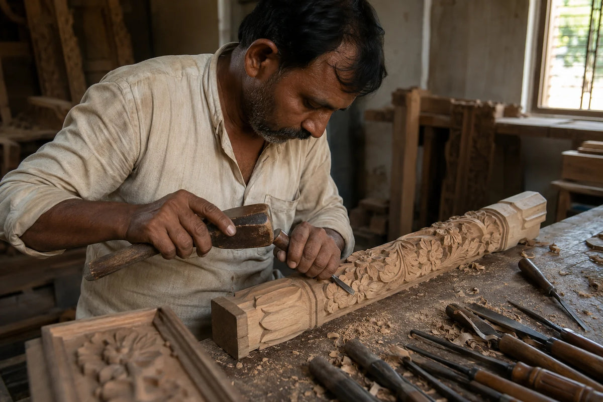 Craftsman carving a teak mandir pillar by hand