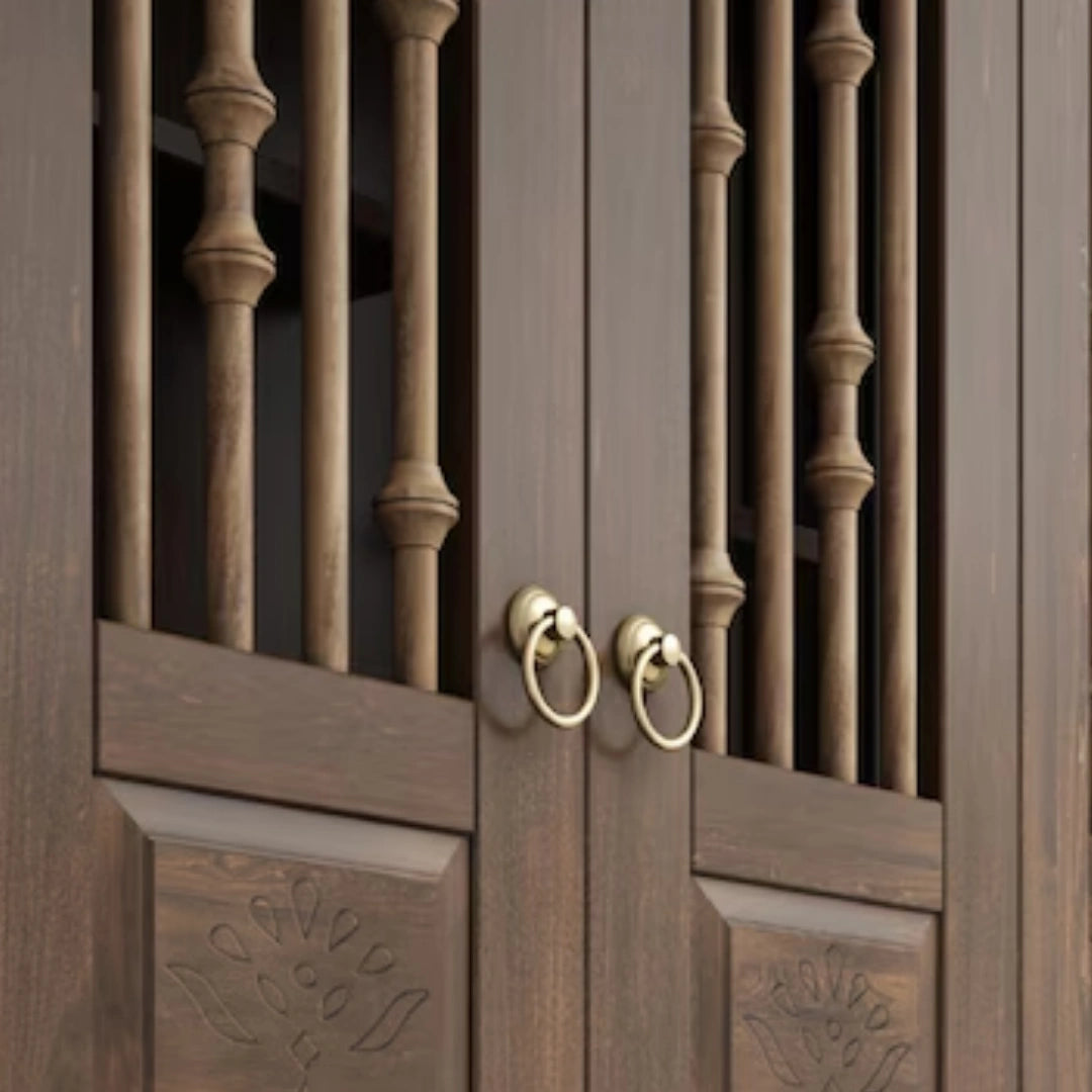 close view of Anandam Teak Wood Pooja Mandap with Door (Brown)