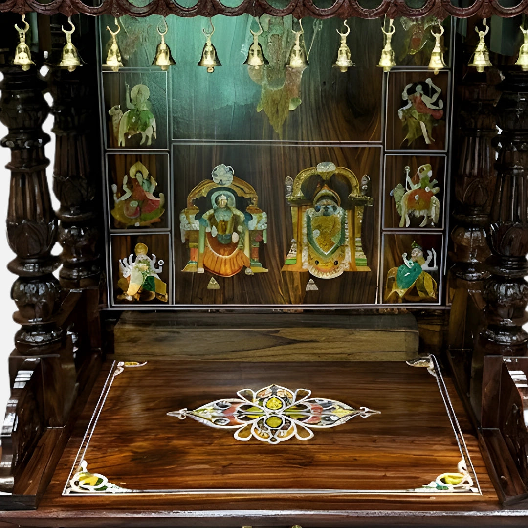 close view of Sukrti Teak Wood Mandir (Brown)