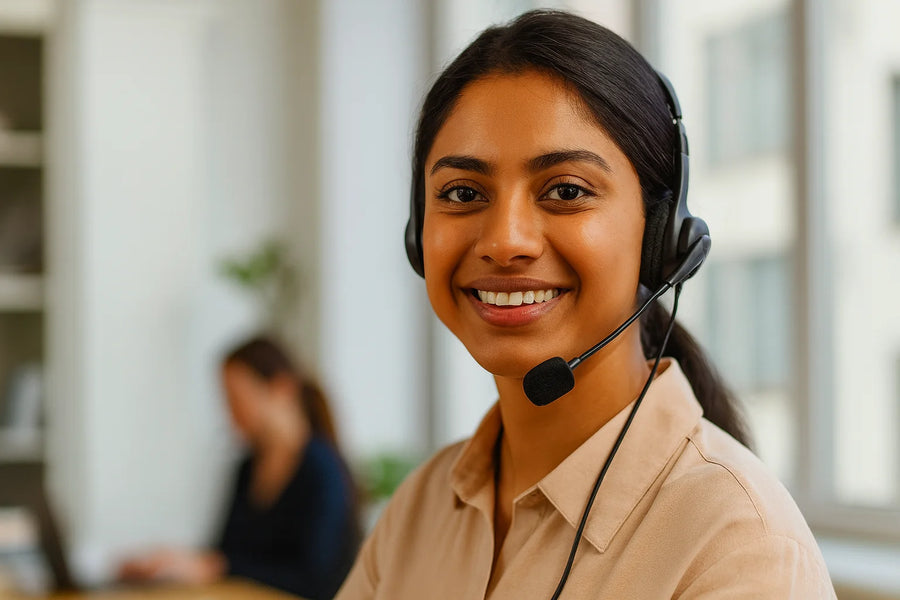 Indian customer support representative smiling in a headset, sitting in a modern office environment.
