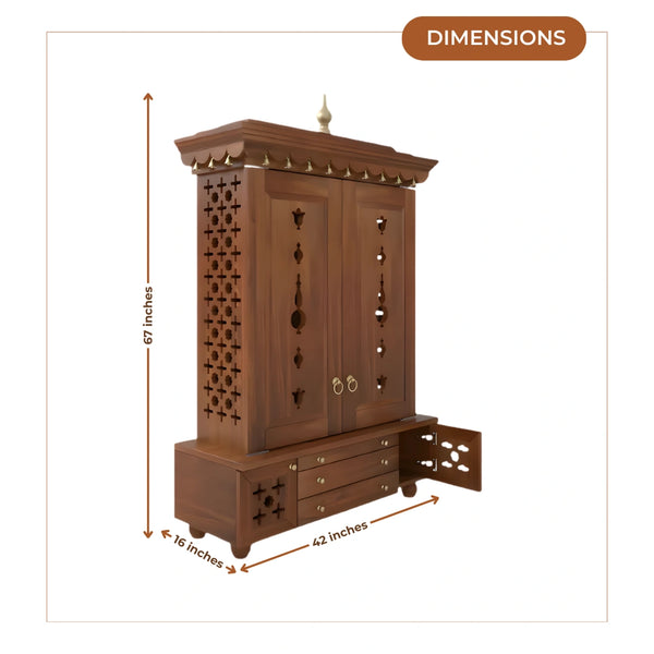 dimensions image of Omkaram Teak Wood Pooja Mandap with Door (Teak)