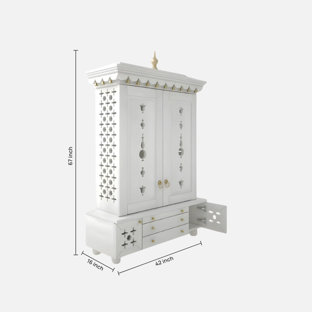 dimensions image of Omkaram Teak Wood Pooja Mandap with Door (White)
