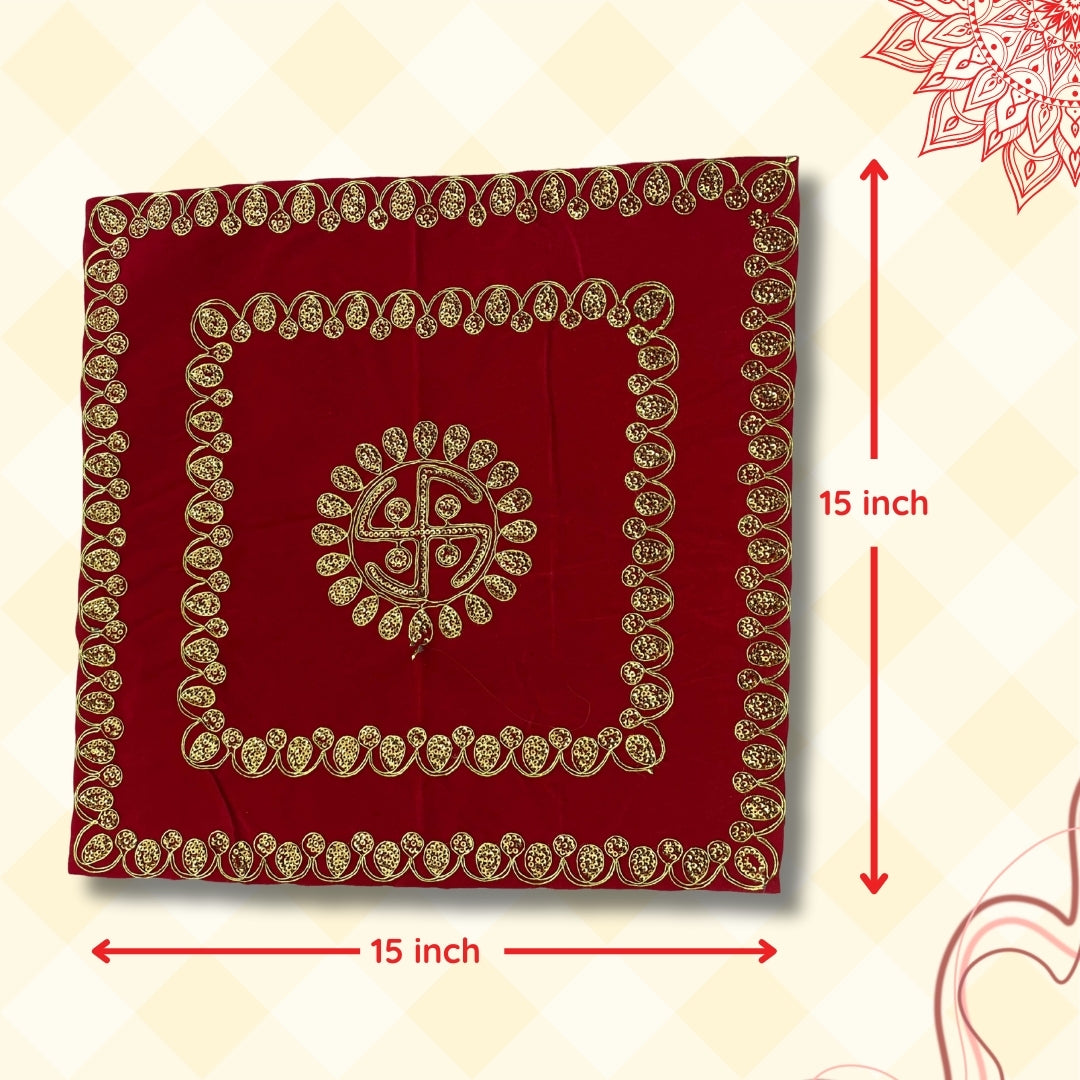 dimensions of Red Velvet Pooja Aasan with Swastik Embroidery