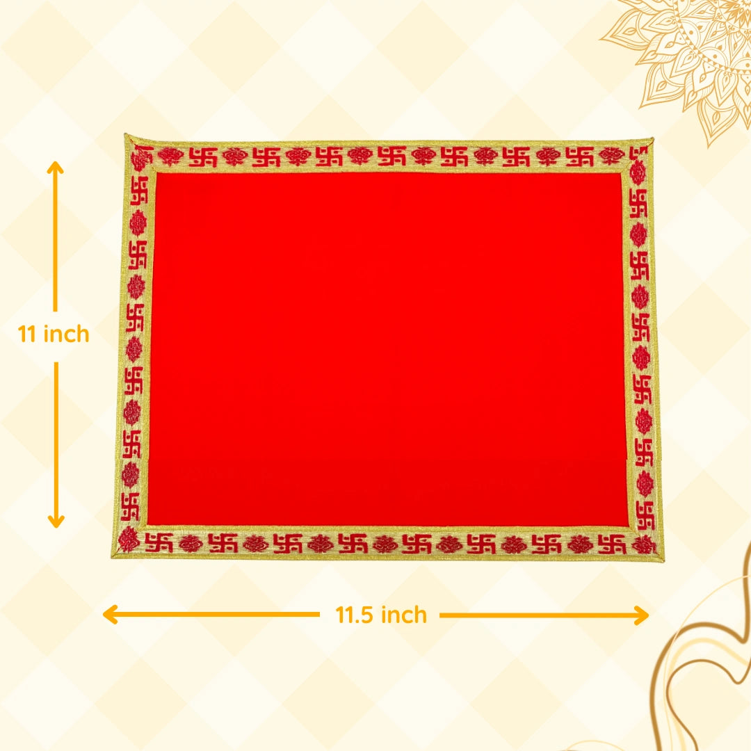 dimensions of Red Velvet Pooja Aasan with Swastik Kalash Border – 11.5x11