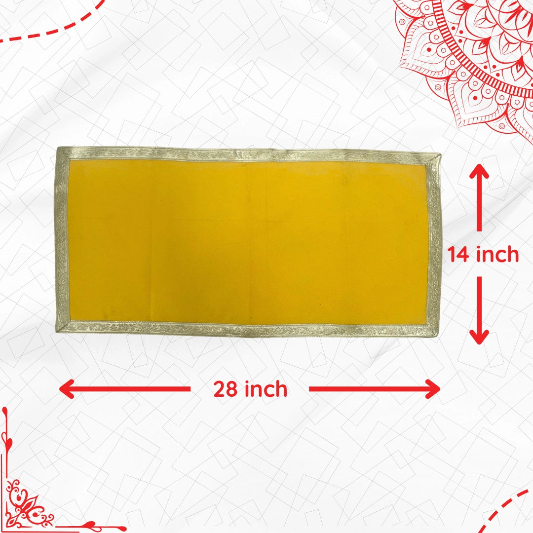 dimensions of Yellow Velvet Pooja Aasan with Silver Floral Border – 14x28 Inch