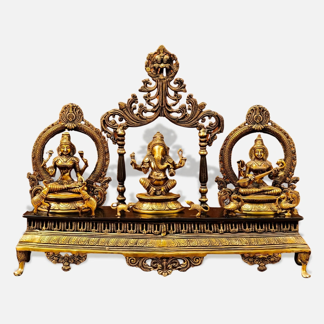 Brass Lakshmi ganesh Saraswati Idol with Singhasan 2 front view