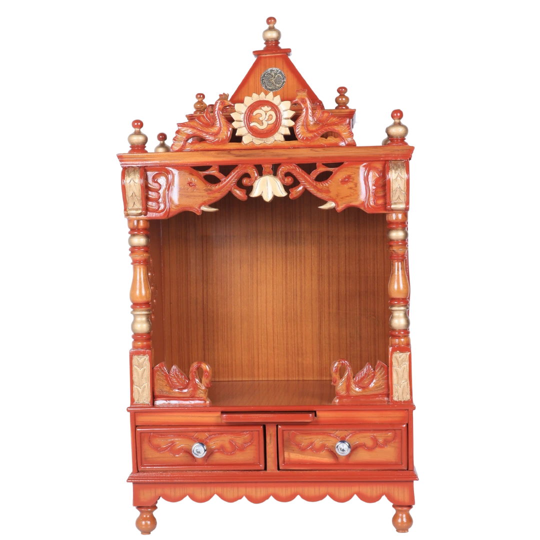 Divya Nivas Medium Floor Rested Pooja Mandir (Teak Gold ) front view