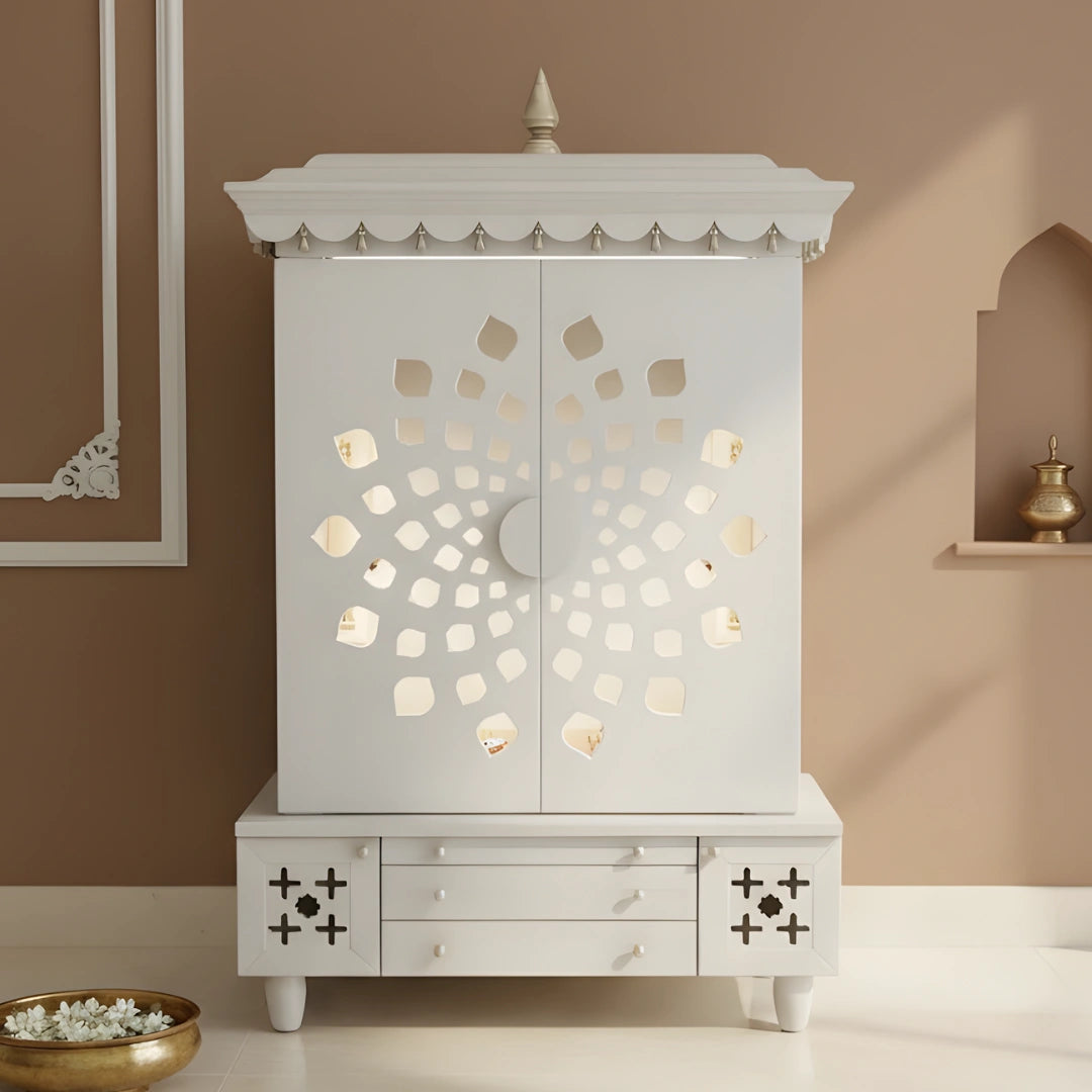 lifestyel view of Anviksha Teak Wood Pooja Mandap With Door(White)