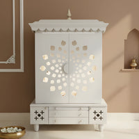 lifestyel view of Anviksha Teak Wood Pooja Mandap With Door(White)