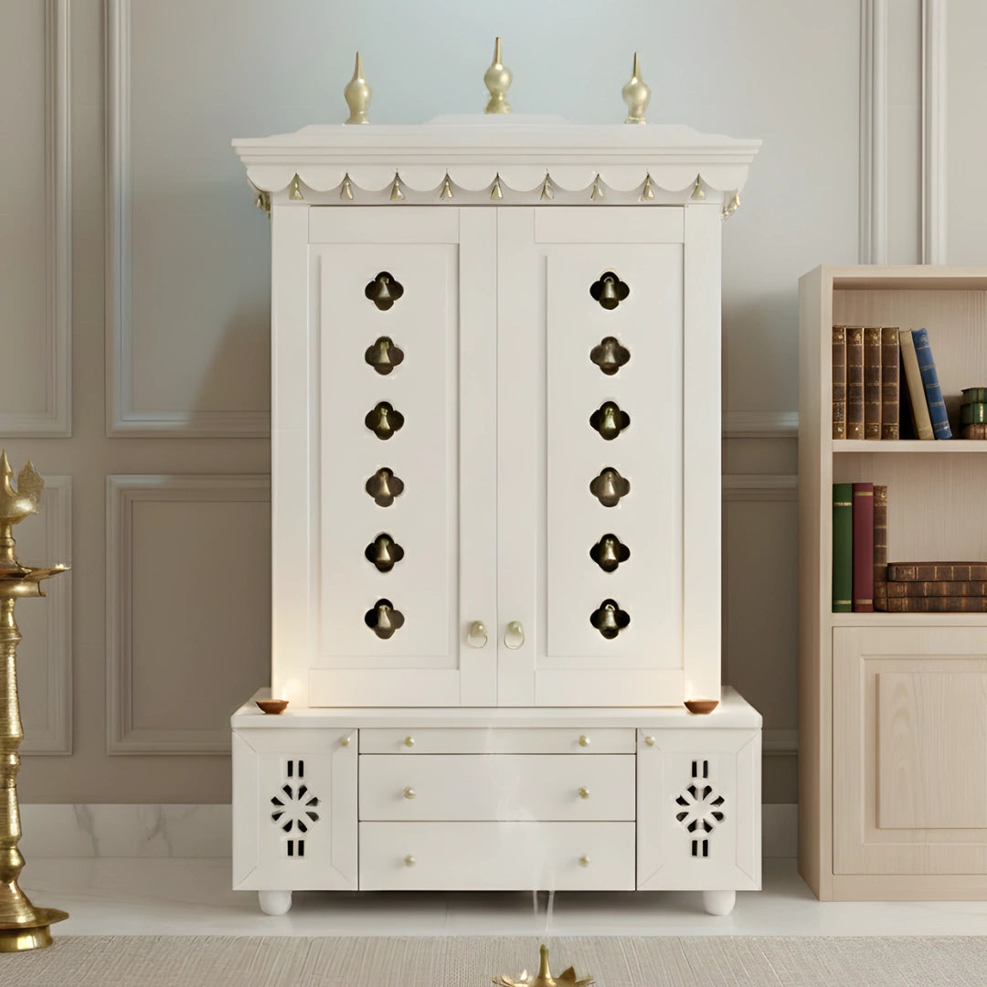 lifestyle image of Vrittika Teak Wood Pooja Mandap with Door (White)