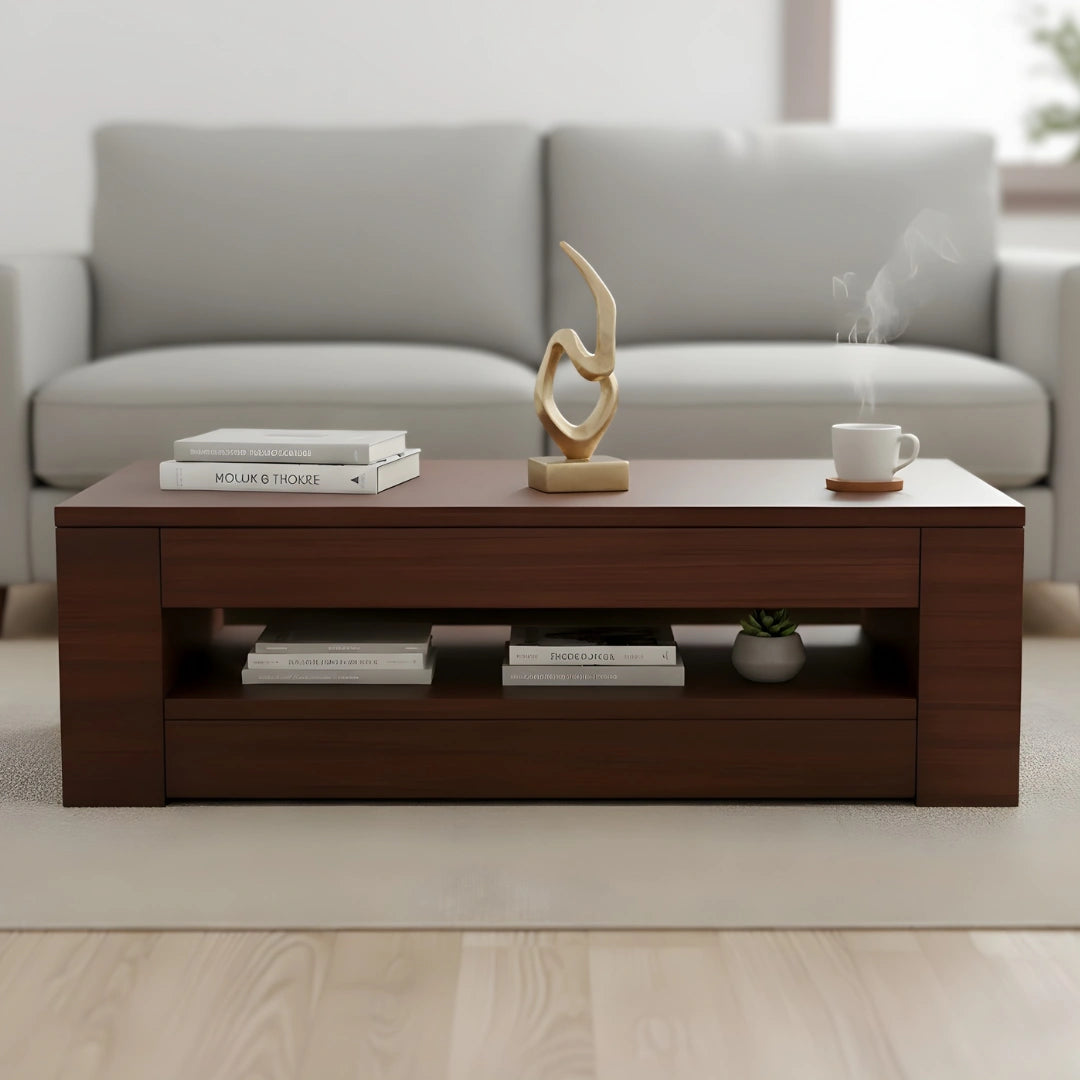 lifestyle view of Cubic Teak Wood Centre Table (Brown)