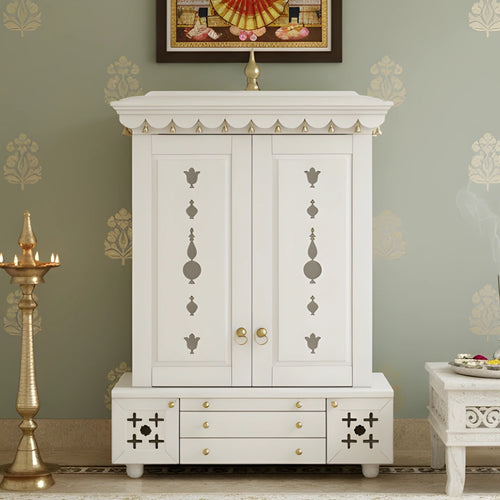 Omkaram Teak Wood Pooja Mandap with Door (White)